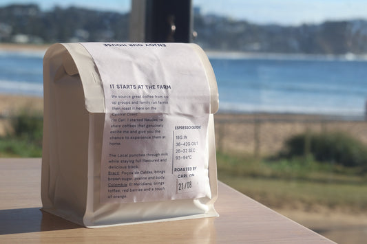Back of Naudec The Local 500g coffee bag showing blend origins and espresso guide