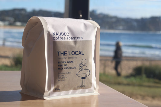Naudec Coffee Roasters The Local 500g everyday espresso blend, front of bag at Avoca Beach